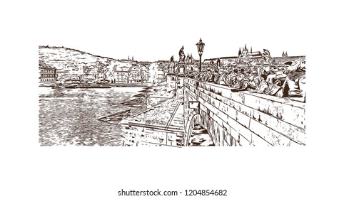 Building view with landmark of Prague (Praha), capital city of the Czech Republic, is bisected by the Vltava River. Hand drawn sketch illustration in vector.