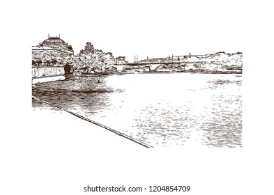 Building view with landmark of Prague (Praha), capital city of the Czech Republic, is bisected by the Vltava River. Hand drawn sketch illustration in vector.