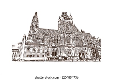 Building view with landmark of Prague (Praha), capital city of the Czech Republic, is bisected by the Vltava River. Hand drawn sketch illustration in vector.