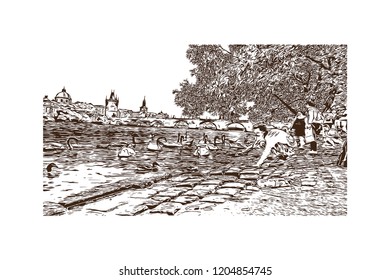 Building view with landmark of Prague (Praha), capital city of the Czech Republic, is bisected by the Vltava River. Hand drawn sketch illustration in vector.