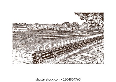 Building view with landmark of Prague (Praha), capital city of the Czech Republic, is bisected by the Vltava River. Hand drawn sketch illustration in vector.
