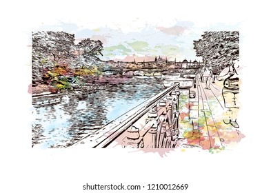 Building view with landmark of Prague (Praha) is the capital and largest city in the Czech Republic. Watercolor splash with Hand drawn sketch illustration in vector.