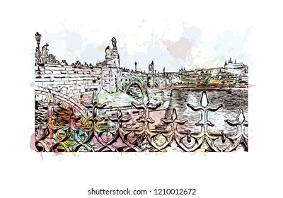 Building view with landmark of Prague (Praha) is the capital and largest city in the Czech Republic. Watercolor splash with Hand drawn sketch illustration in vector.