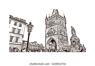 Building view with landmark of Prague (Praha) is the capital and largest city in the Czech Republic. Hand drawn sketch illustration in vector.