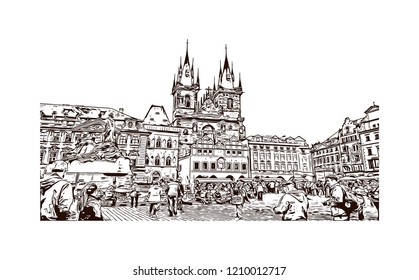 Building view with landmark of Prague (Praha) is the capital and largest city in the Czech Republic. Hand drawn sketch illustration in vector.