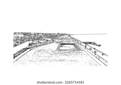 Building view with landmark of Praia is the 
capital of Cape Verde. Hand drawn sketch  illustration in vector.