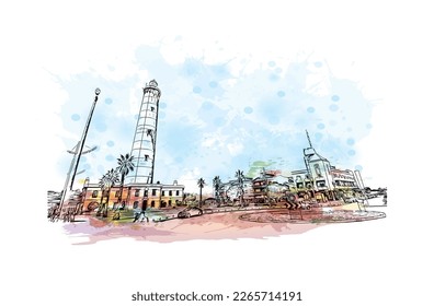 Building view with landmark of Praia is the 
capital of Cape Verde. Watercolor splash with hand drawn sketch  illustration in vector.