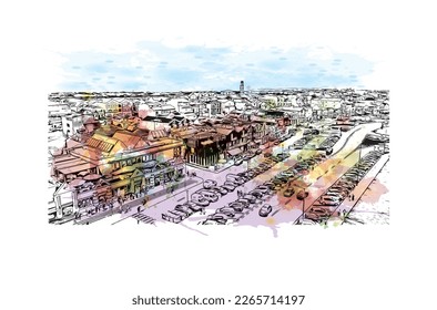 Building view with landmark of Praia is the 
capital of Cape Verde. Watercolor splash with hand drawn sketch  illustration in vector.