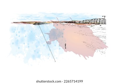 Building view with landmark of Praia is the 
capital of Cape Verde. Watercolor splash with hand drawn sketch  illustration in vector.