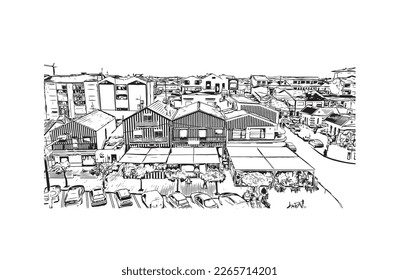 Building view with landmark of Praia is the 
capital of Cape Verde. Hand drawn sketch  illustration in vector.