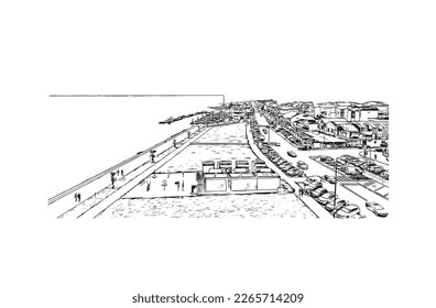 Building view with landmark of Praia is the 
capital of Cape Verde. Hand drawn sketch  illustration in vector.