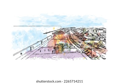 Building view with landmark of Praia is the 
capital of Cape Verde. Watercolor splash with hand drawn sketch  illustration in vector.