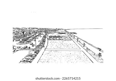 Building view with landmark of Praia is the 
capital of Cape Verde. Hand drawn sketch  illustration in vector.