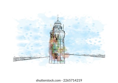 Building view with landmark of Praia is the 
capital of Cape Verde. Watercolor splash with hand drawn sketch  illustration in vector.