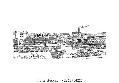 Building view with landmark of Praia is the 
capital of Cape Verde. Hand drawn sketch  illustration in vector.