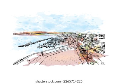 Building view with landmark of Praia is the 
capital of Cape Verde. Watercolor splash with hand drawn sketch  illustration in vector.