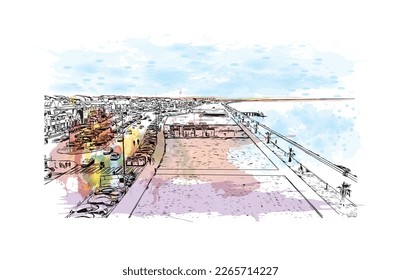 Building view with landmark of Praia is the 
capital of Cape Verde. Watercolor splash with hand drawn sketch  illustration in vector.