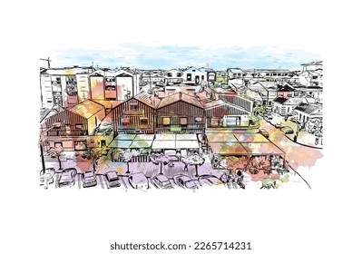 Building view with landmark of Praia is the 
capital of Cape Verde. Watercolor splash with hand drawn sketch  illustration in vector.