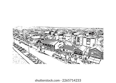 Building view with landmark of Praia is the 
capital of Cape Verde. Hand drawn sketch  illustration in vector.