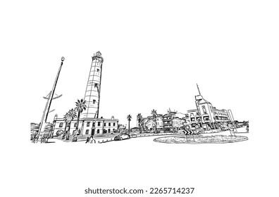 Building view with landmark of Praia is the 
capital of Cape Verde. Hand drawn sketch  illustration in vector.