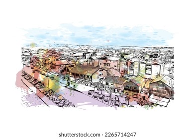 Building view with landmark of Praia is the 
capital of Cape Verde. Watercolor splash with hand drawn sketch  illustration in vector.