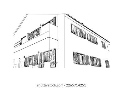 Building view with landmark of Praia is the 
capital of Cape Verde. Hand drawn sketch  illustration in vector.