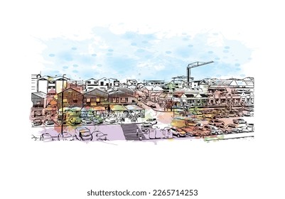 Building view with landmark of Praia is the 
capital of Cape Verde. Watercolor splash with hand drawn sketch  illustration in vector.