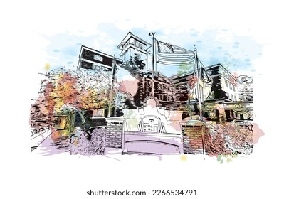 Building view with landmark of Prescott is a city in central Arizona. Watercolor splash with hand drawn sketch illustration in vector.