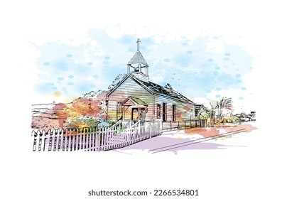 Building view with landmark of Prescott is a city in central Arizona. Watercolor splash with hand drawn sketch illustration in vector.