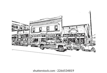 Building view with landmark of Prescott is a city in central Arizona. Hand drawn sketch illustration in vector.