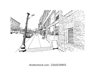 Building view with landmark of Prescott is a city in central Arizona. Hand drawn sketch illustration in vector.