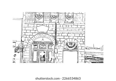 Building view with landmark of Prescott is a city in central Arizona. Hand drawn sketch illustration in vector.