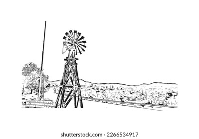 Building view with landmark of Prescott is a city in central Arizona. Hand drawn sketch illustration in vector.