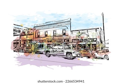 Building view with landmark of Prescott is a city in central Arizona. Watercolor splash with hand drawn sketch illustration in vector.