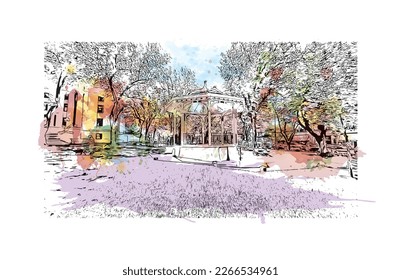 Building view with landmark of Prescott is a city in central Arizona. Watercolor splash with hand drawn sketch illustration in vector.
