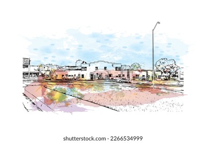 Building view with landmark of Prescott is a city in central Arizona. Watercolor splash with hand drawn sketch illustration in vector.