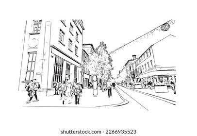 Building view with landmark of Preston is the 
city in England. Hand drawn sketch illustration in vector.