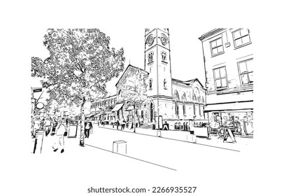Building view with landmark of Preston is the 
city in England. Hand drawn sketch illustration in vector.