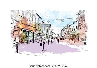 Building view with landmark of Preston is the 
city in England. Watercolor splash with hand drawn sketch illustration in vector.