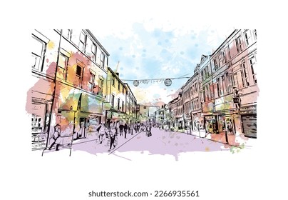 Building view with landmark of Preston is the 
city in England. Watercolor splash with hand drawn sketch illustration in vector.