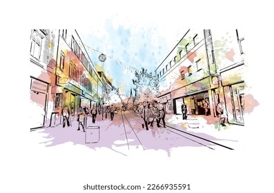 Building view with landmark of Preston is the 
city in England. Watercolor splash with hand drawn sketch illustration in vector.