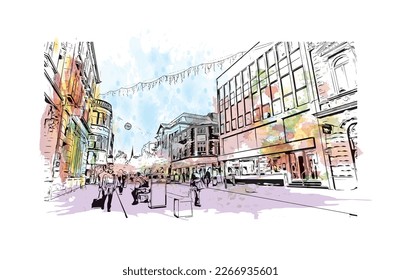 Building view with landmark of Preston is the 
city in England. Watercolor splash with hand drawn sketch illustration in vector.