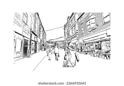 Building view with landmark of Preston is the 
city in England. Hand drawn sketch illustration in vector.