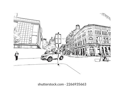 Building view with landmark of Preston is the 
city in England. Hand drawn sketch illustration in vector.