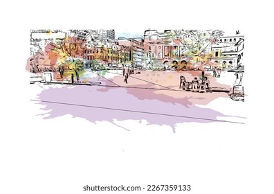Building view with landmark of Pretoria is the 
capital of South Africa. Watercolor splash with hand drawn sketch illustration in vector.