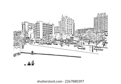 Building view with landmark of Pristina is the capital and largest city in Kosovo.. Hand draw sketch illustration in vector.