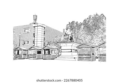 Building view with landmark of Pristina is the capital and largest city in Kosovo.. Hand draw sketch illustration in vector.