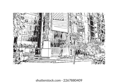 Building view with landmark of Pristina is the capital and largest city in Kosovo.. Hand draw sketch illustration in vector.