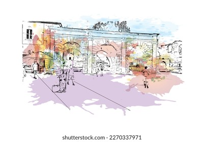 Building view with landmark of Protaras is the 
municipality in Cyprus.
Watercolor splash with hand drawn sketch illustration in vector.