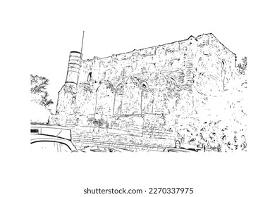 Die Aussicht auf das Gebäude mit Wahrzeichen von Protaras ist die 
Gemeinde in Zypern.
Handgezeichnete Skizzengrafik in Vektorgrafik.
